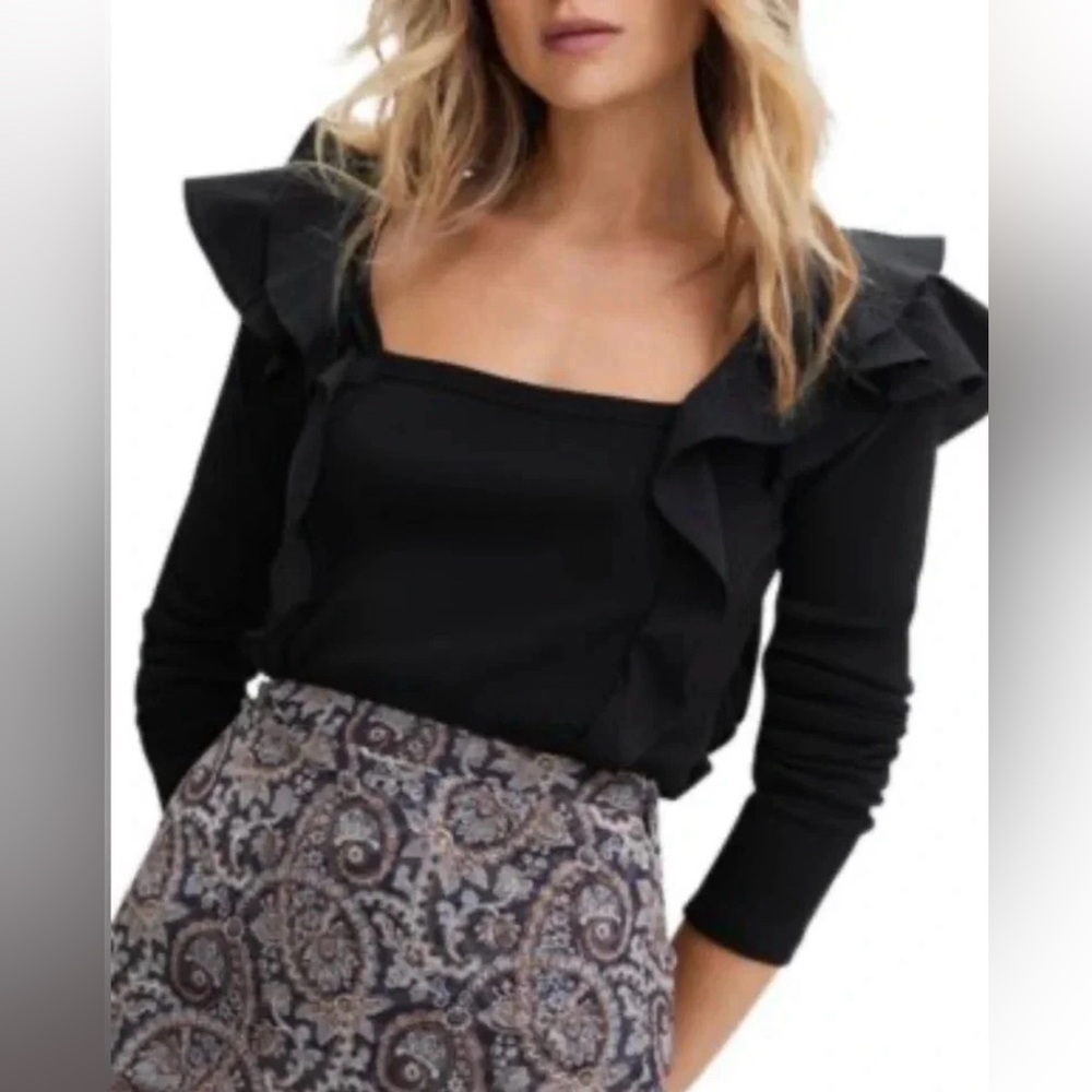 Veronica Beard Black Ruffle-Trim Square Neck Long Sleeve Top, Size Medium